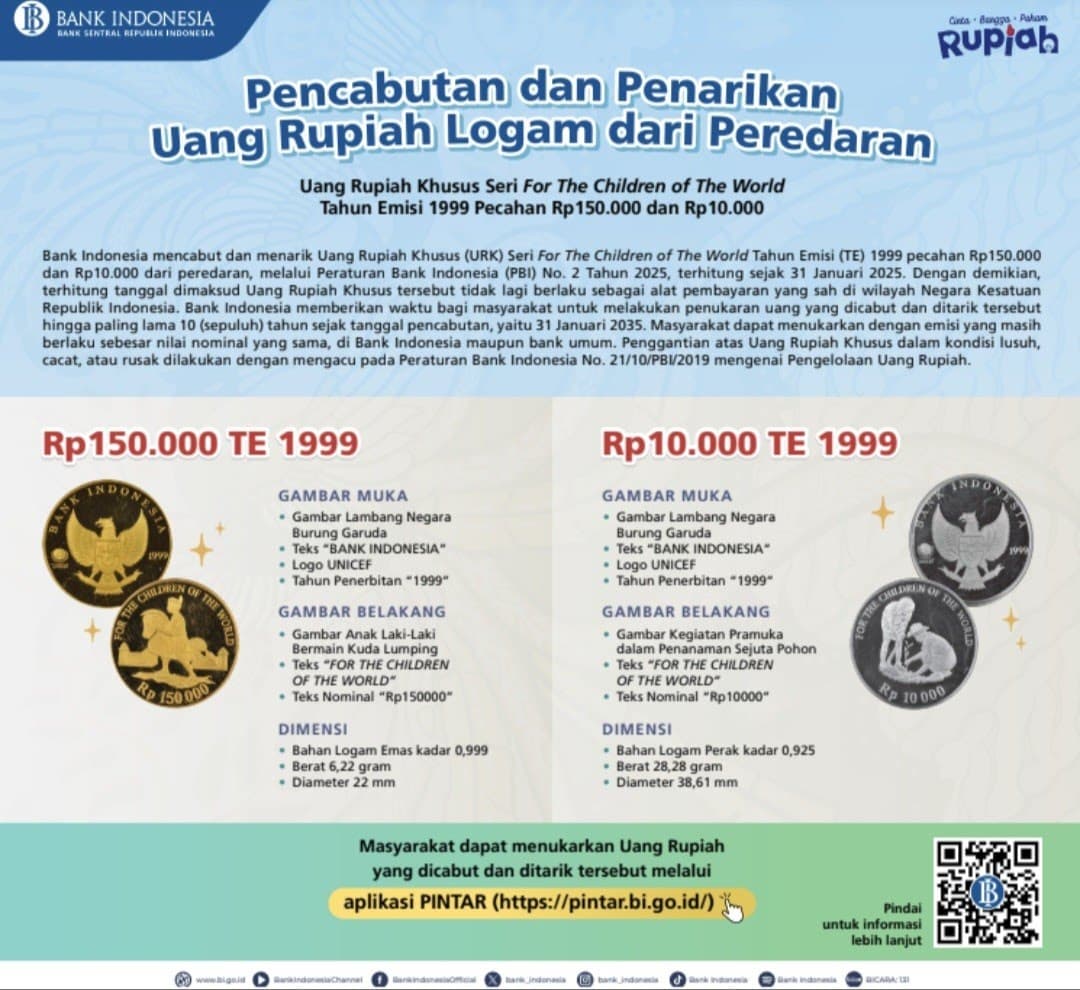 BI Resmi Cabut Peredaran Uang Khusus Tahun 1999 Pecahan Rp150ribu-Rp10ribu